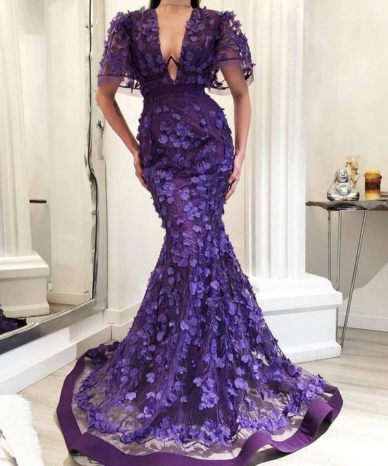 Purple Mermaid Long Prom Dress With Lace    cg15465