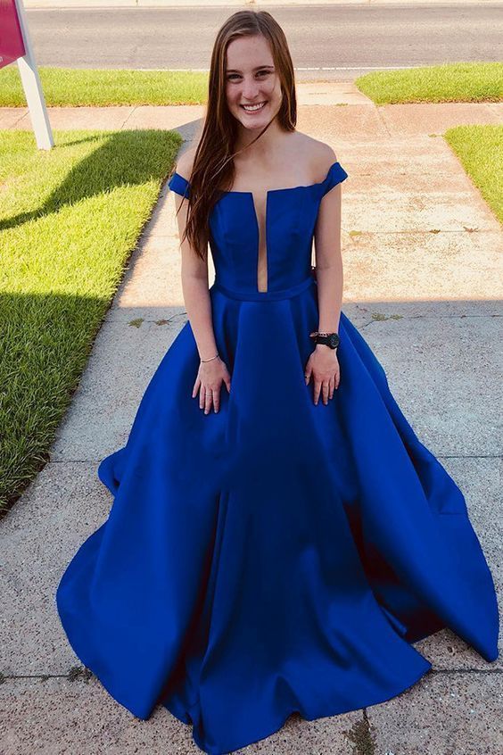 Elegant Royal Blue A Line Prom Dress, Off The Shoulder Long Evening Party Dress   cg15466