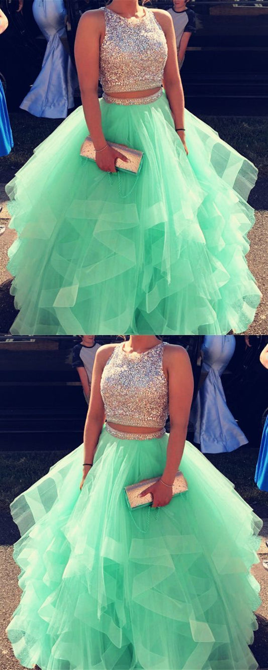 Sparkly Sequins Beaded Organza Layered Ball Gowns Prom Dresses Two Piece     cg15496