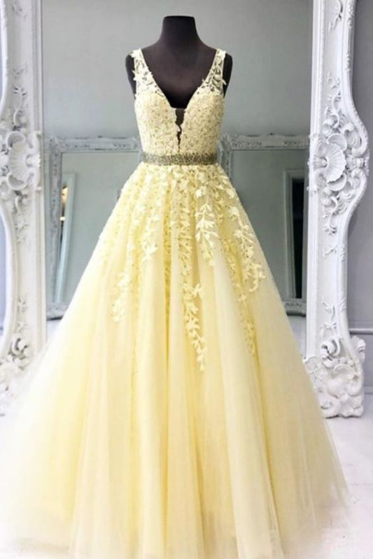 Elegant Yellow Long Prom Dress with Lace Appliques   cg15503
