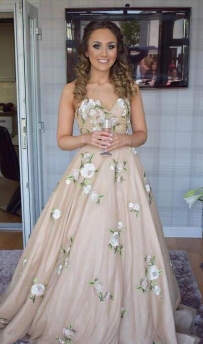 princess long prom dress, champagne long prom dress with floral embroidery    cg15505