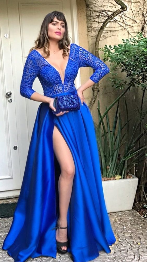 Royal Blue Deep V Neck Long Prom Dress With Split   cg15531