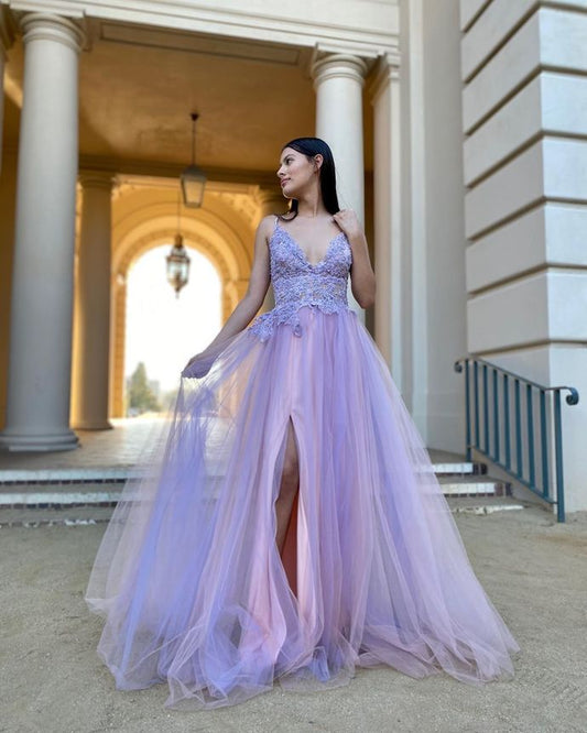 Charming V-Neck Appliques A-Line Prom Dresses With Split    cg15537