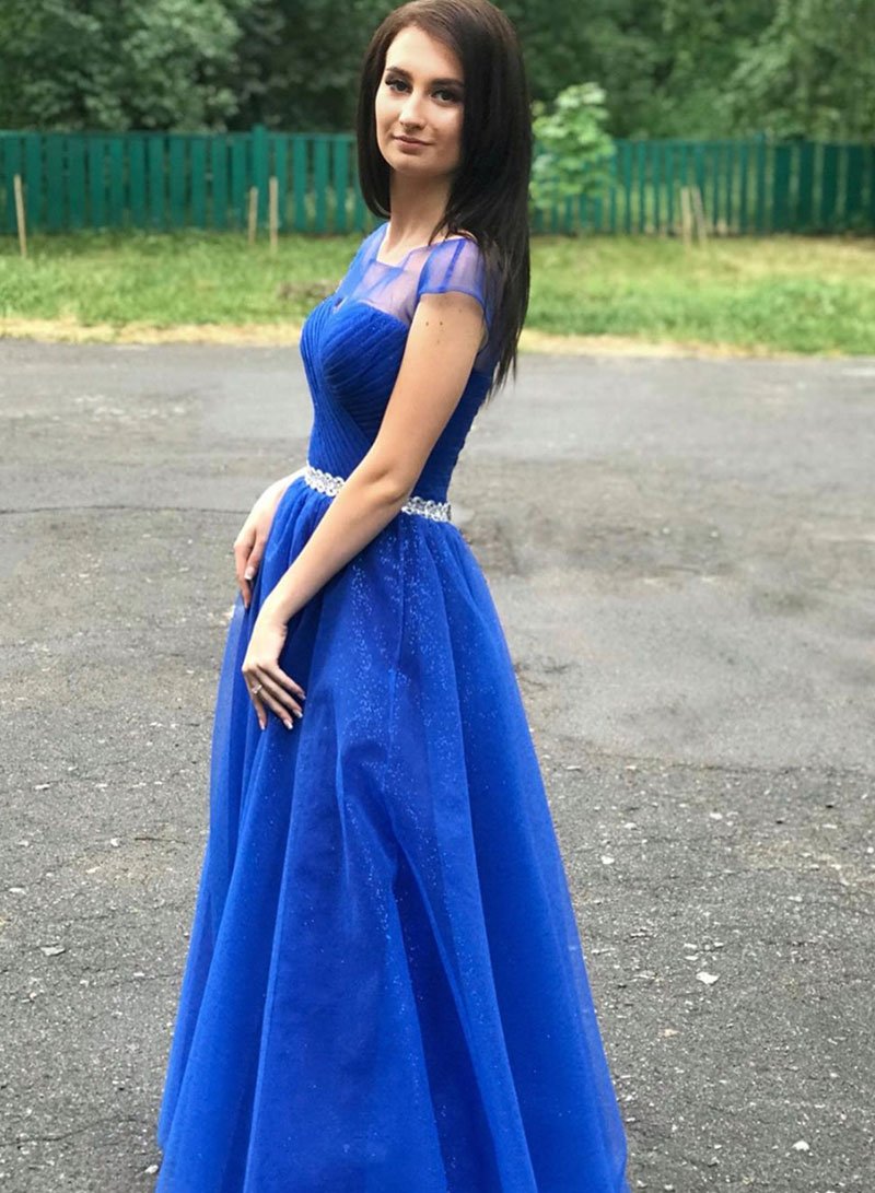 Blue round neck tulle long prom dress, evening dress cg1557