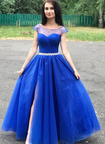 Blue round neck tulle long prom dress, evening dress cg1557