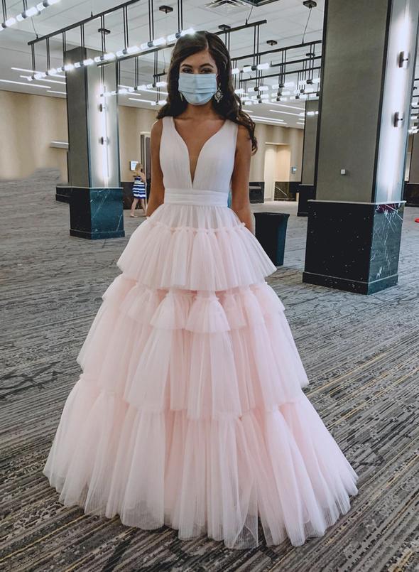 Pink v neck tulle long prom dress pink evening dress   cg15570
