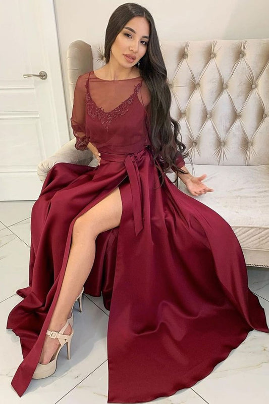 MAROON SATIN LONG PROM DRESS ROUND NECK SATIN EVENING DRESS   cg15572