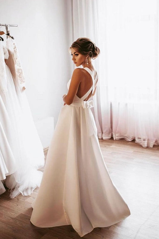 WHITE A-LINE SATIN LONG PROM DRESS BACKLESS BRIDESMAID DRESS   cg15573