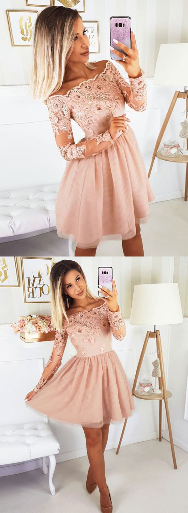 Pink tulle lace short dress, homecoming dress cg1559