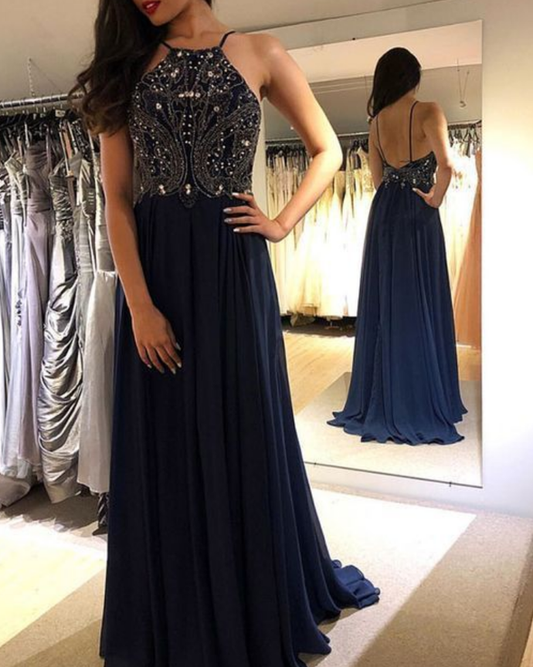 A Line Halter Open Back Chiffon Beaded Sparkly Long Prom Dresses, Elegant Evening Dresses   cg15602