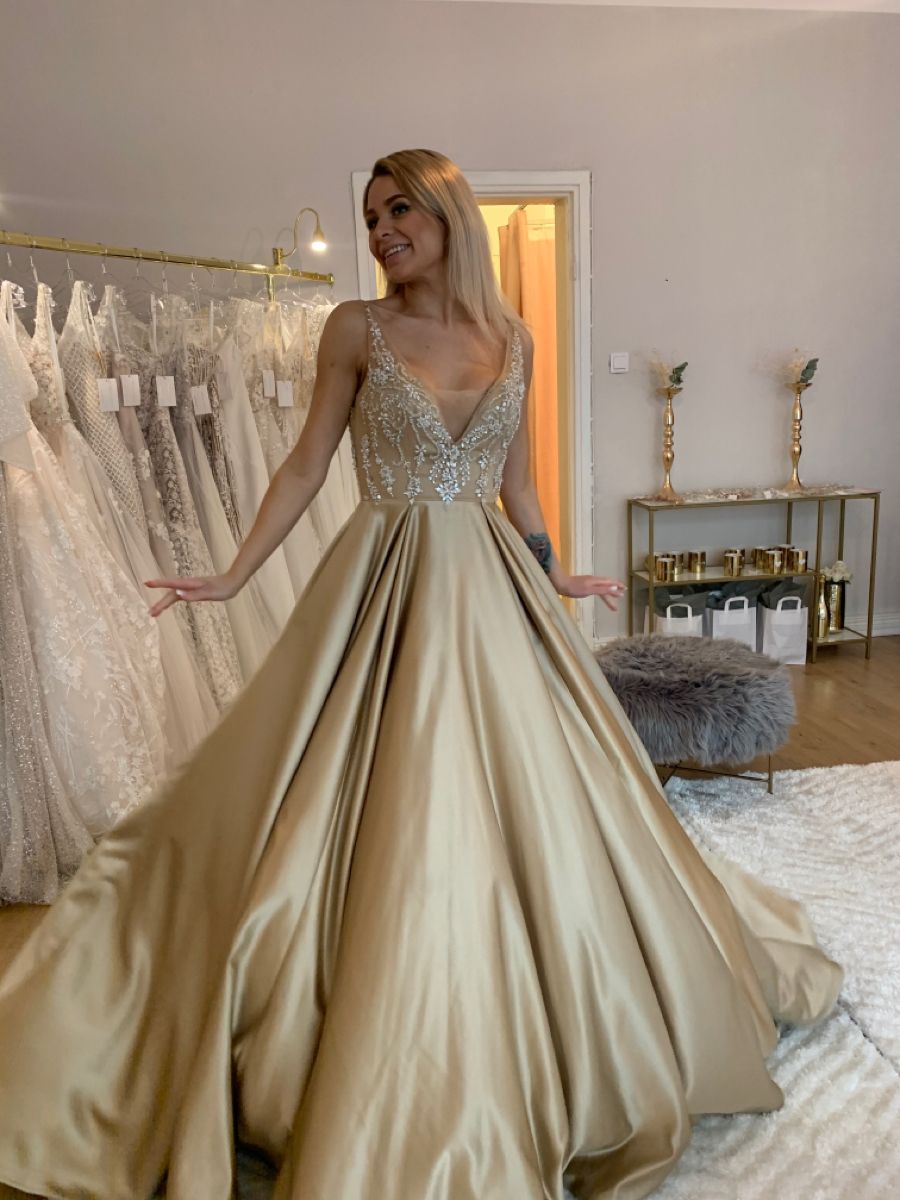 Elegant V Neck Long Satin Prom Dresses Gold Formal Gown With Lace cg15