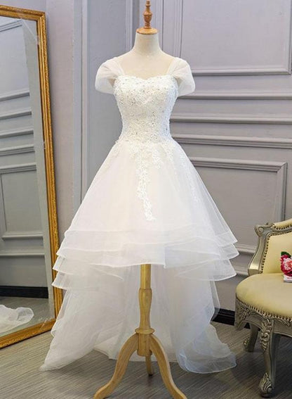 Beautiful Cap Sleeves High Low Layers Tulle Wedding Dress, Simple Prom Dress cg1561