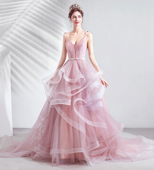 PINK V NECK TULLE LONG BALL GOWN DRESS FORMAL DRESS   cg15624