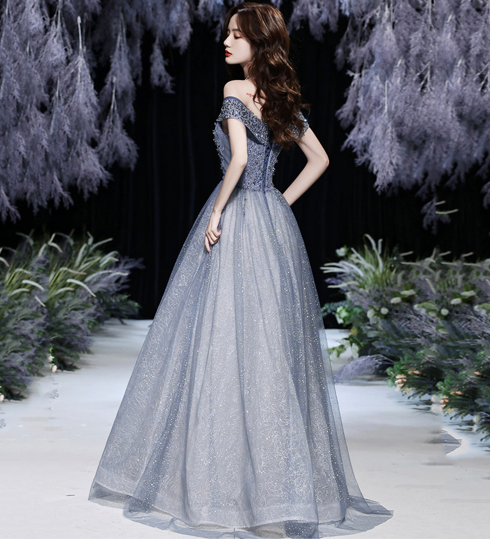 GREY TULLE BEADS LONG PROM DRESS SHINY EVENING DRESS   cg15625