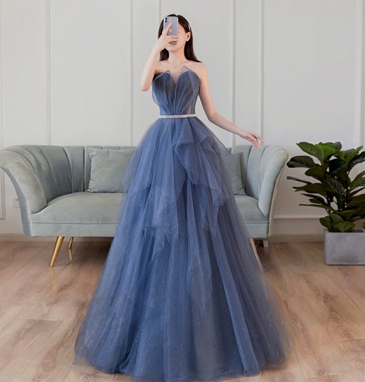 BLUE TULLE LONG PROM DRESS BLUE EVENING DRESS   cg15629