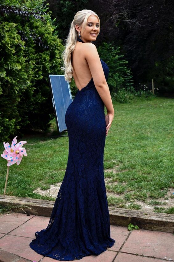 Open Back Mermaid Navy Blue Long Prom Dress   cg15631
