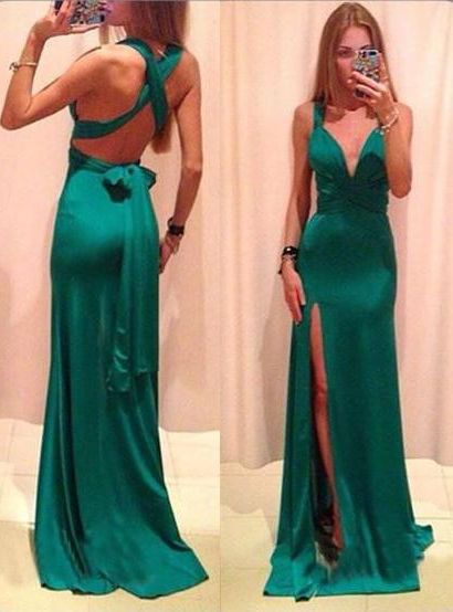 Long Straps High-Slit Stretch Satin Prom Dresses  cg15637