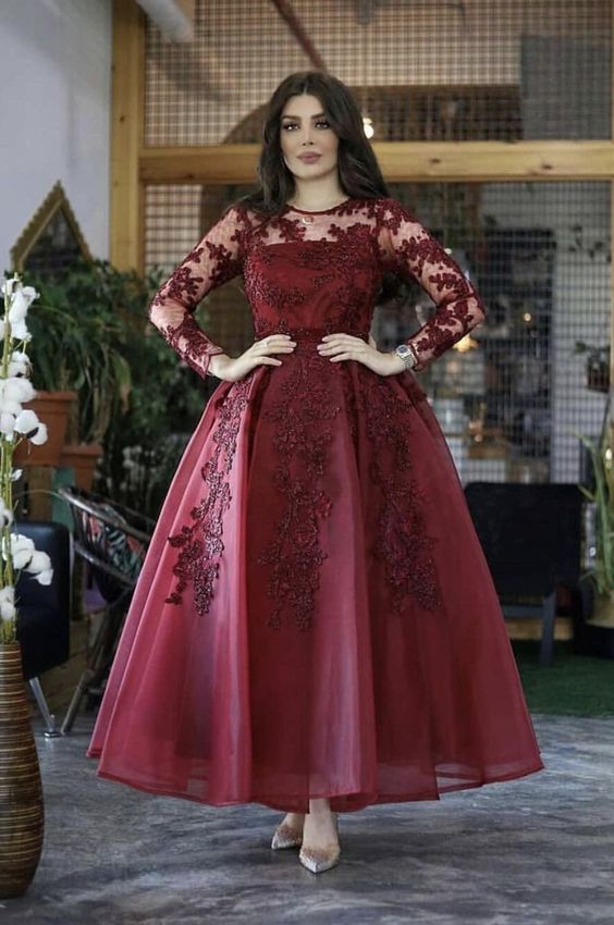 arabic style tulle evening dress ankle length formal prom gown with lace long sleeves   cg15657