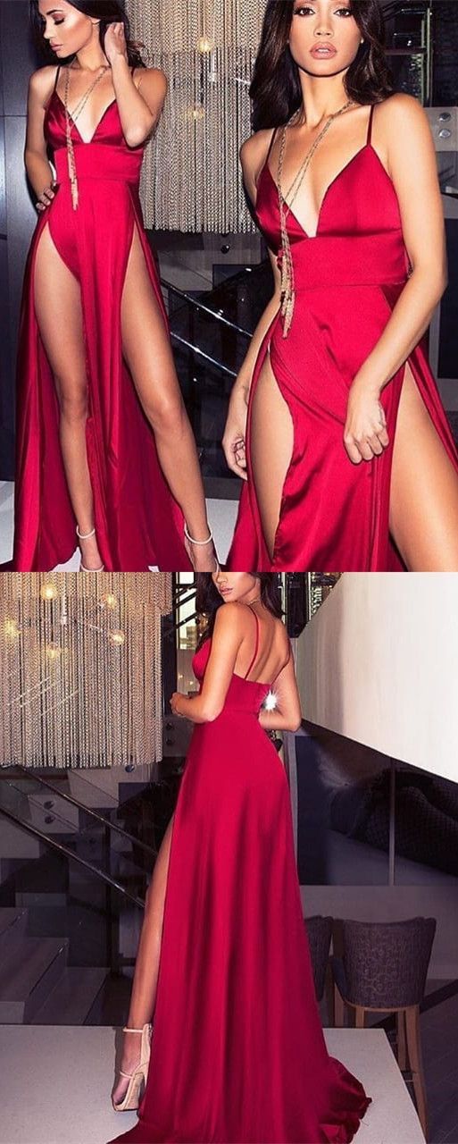sexy straps deep v neck red long evening dress with slits, party dress, formal prom dress cg1567