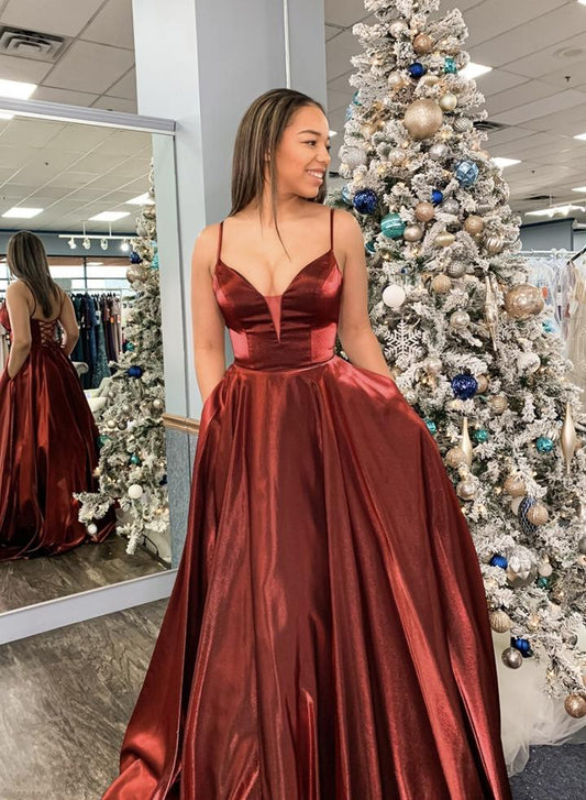 Burgundy satin long prom dress simple evening dress   cg15674