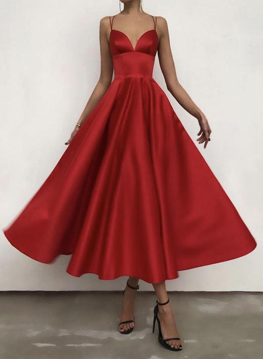 Red satin short A line prom dress red evening dress   cg15675