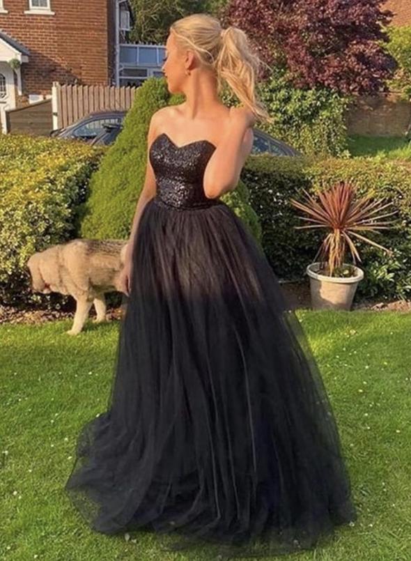 Black tulle sequins long prom dress evening dress   cg15677