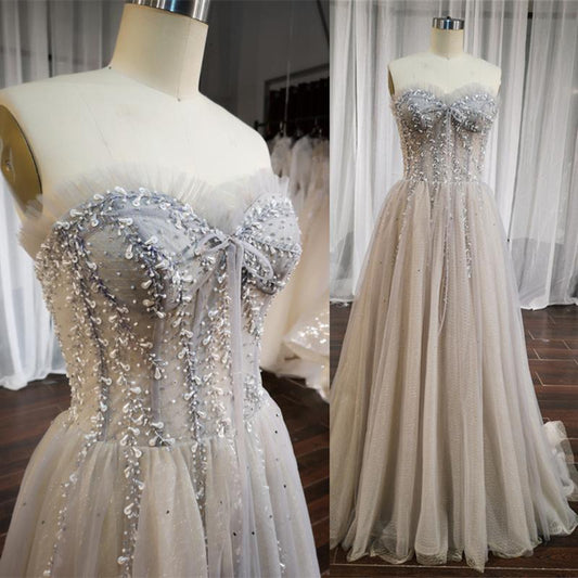 Light Champagne A-Line Beaded Sweetheart Long Prom Dress, Eveing Dress Formal Dress   cg15681