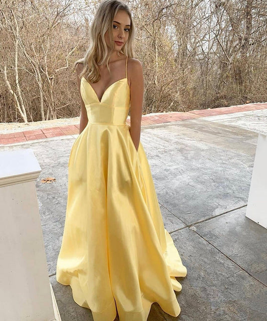 YELLOW SATIN LONG A LINE PROM DRESS EVENING DRESS    cg15686