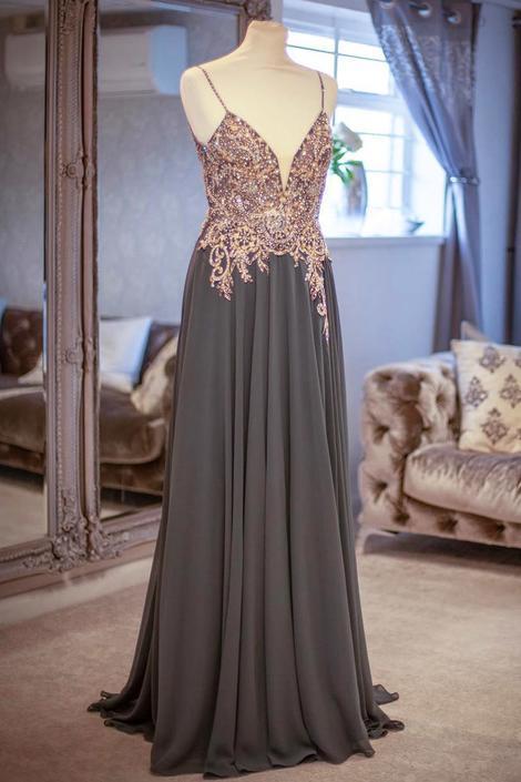 Spaghetti Straps Dark Grey Long Prom Dress with Beading Top    cg15713