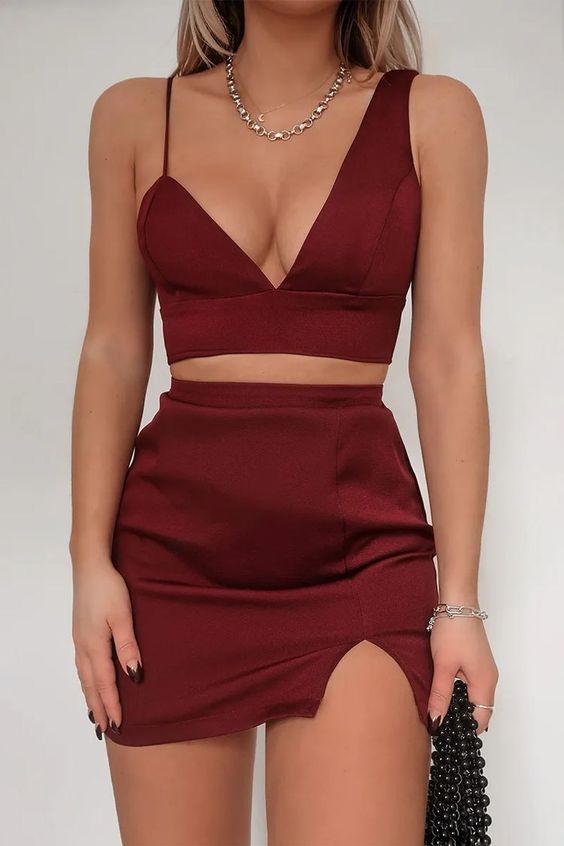 Burgundy Two Pieces Homecoming Dresses,Sexy Dark Red Satin Mini Cocktail Dress   cg15731
