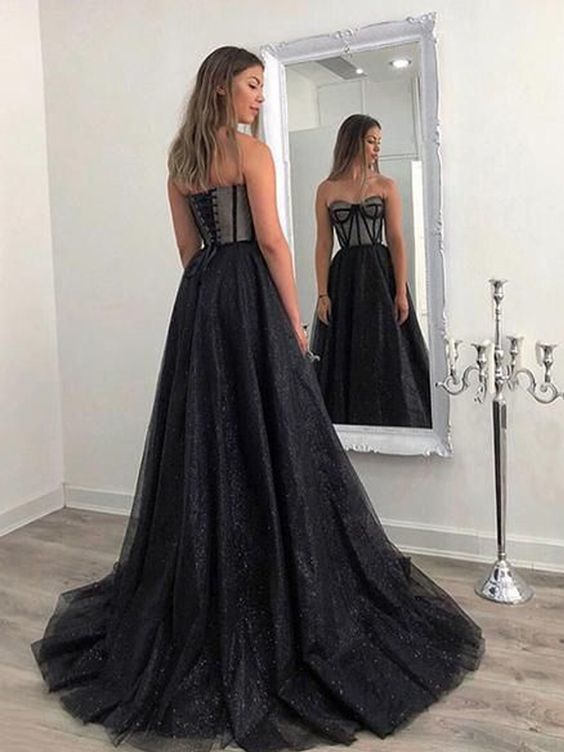 Charming A-Line Sweetheart Black Tulle Long Prom Dresses,Glitter Evening Party Dresses   cg15732