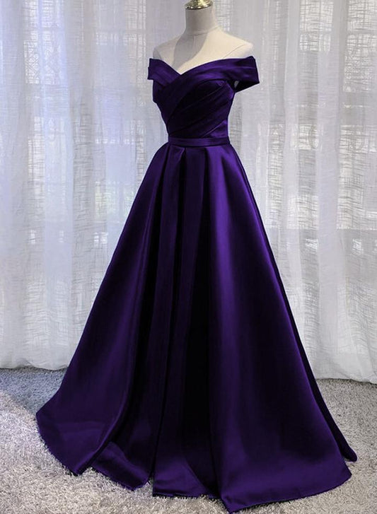 Simple Off Shoulder Satin Long Prom Dress, Dark Purple Party Dress Evening Gown   cg15750