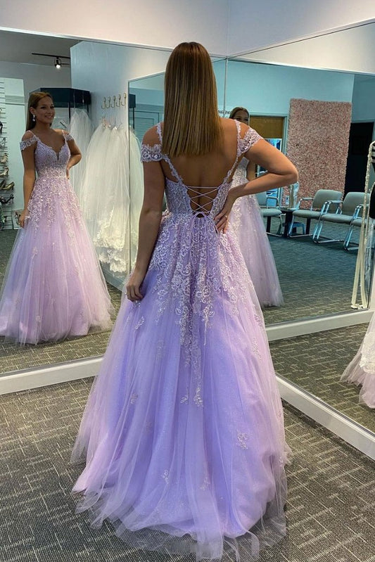 PURPLE TULLE LONG PROM DRESS PURPLE LACE LONG EVENING DRESS   cg15752