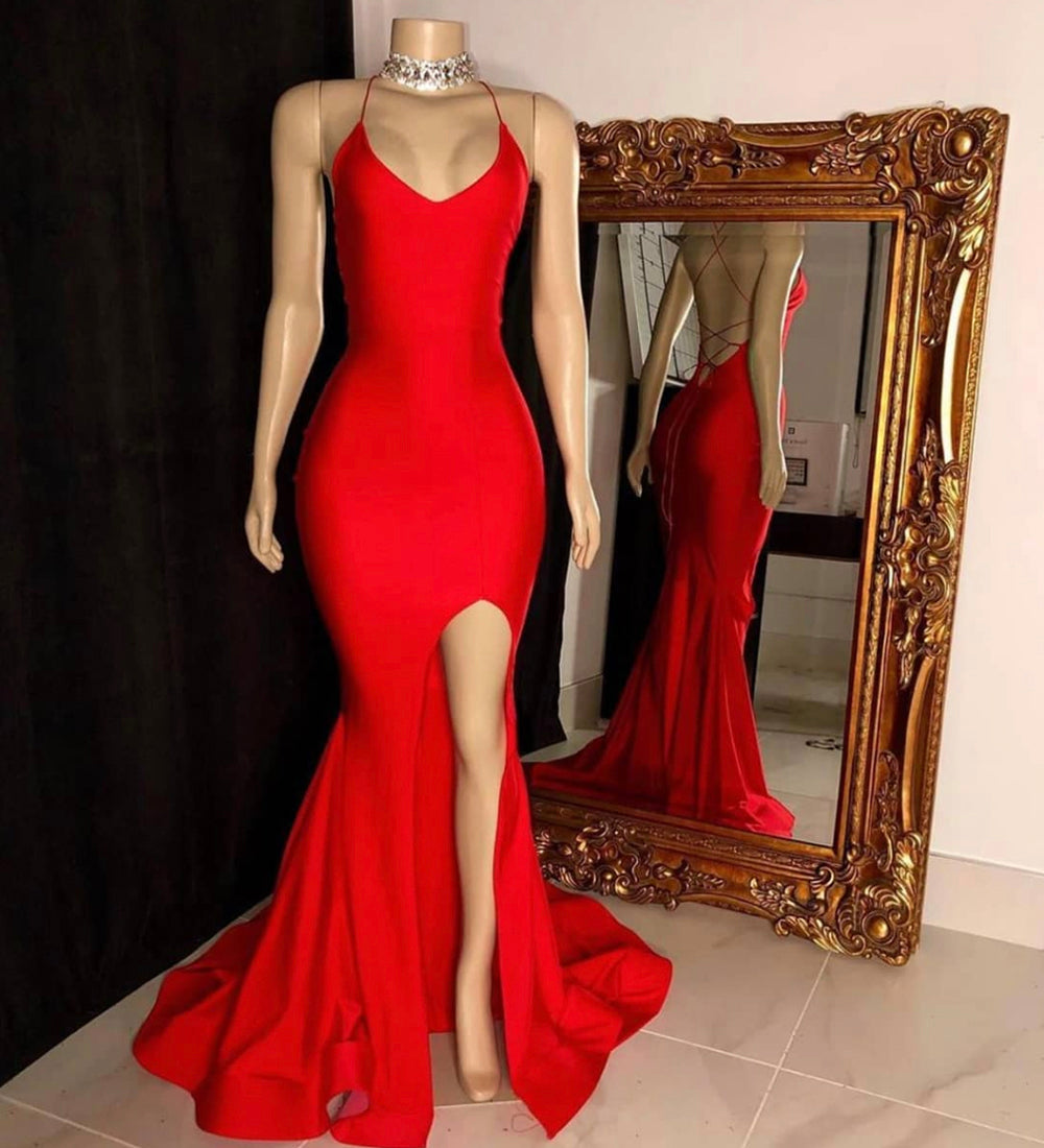 RED SATIN LONG PROM DRESS MERMAID EVENING DRESS   cg15753