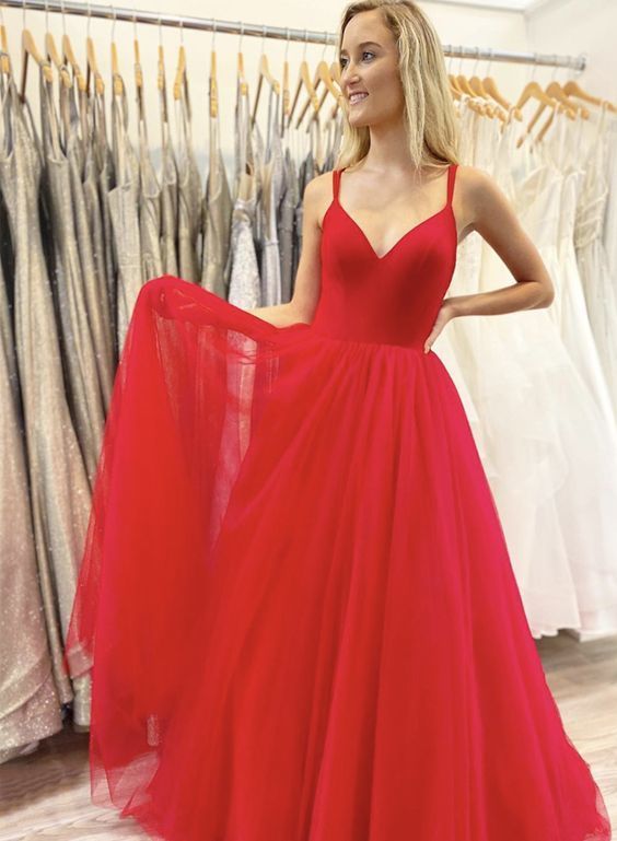 Red v neck tulle long prom dress evening dress   cg15755