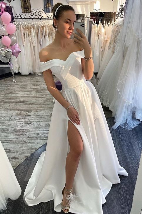 Off the shoulder white long prom dress with split    cg15765
