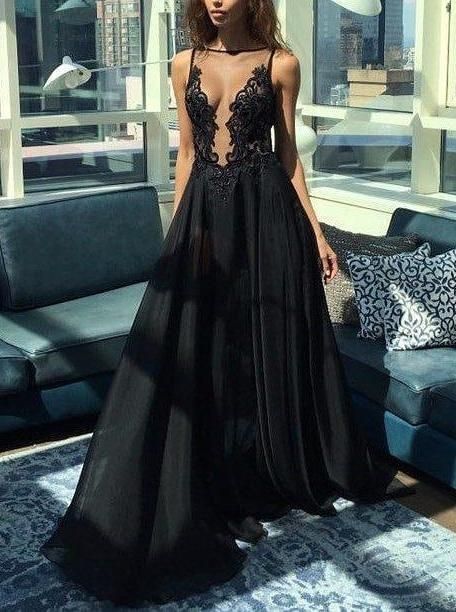 Black Prom Dress,A-line Prom Dress,Appliques Prom Dresses,O-Neck Prom Dress    cg15766