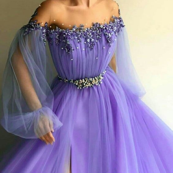 A line round neck purple prom dress with slit   cg15775