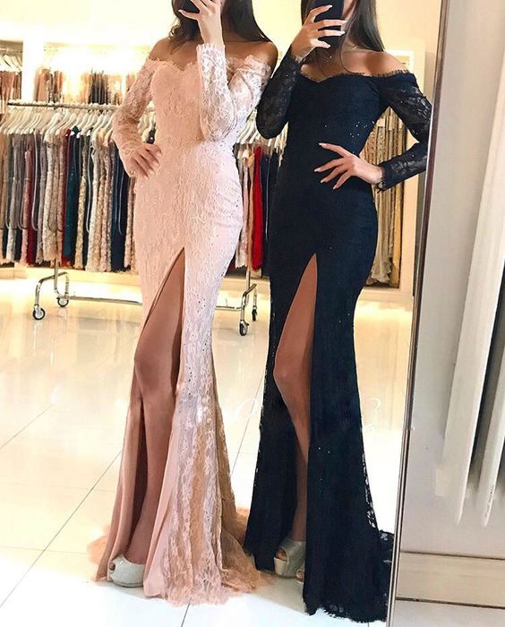 Lace Mermaid Evening Prom Dresses with Long Sleeves    cg15786