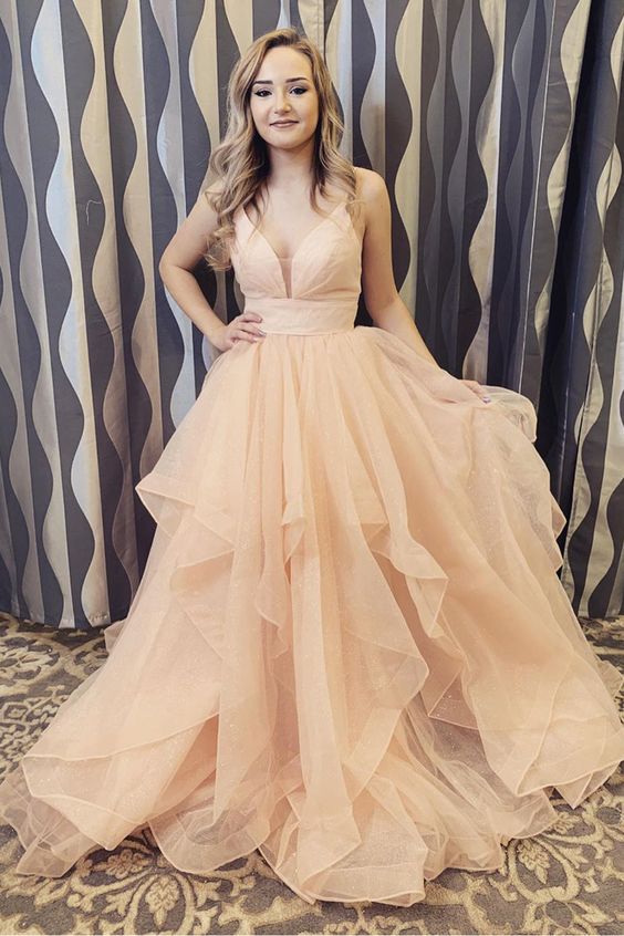 Elegant Straps Champagne Long Prom/Formal Dress With Ruffles    cg15793