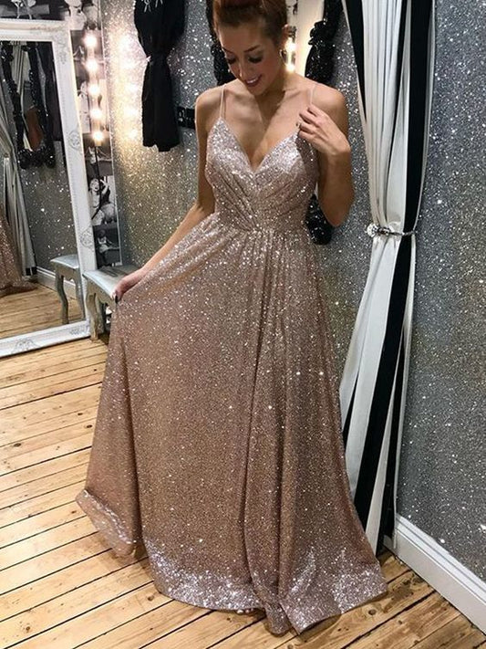 Light Champagne Sparkle Long Prom Dresses,Spaghetti Straps V-Neck Evening Dresses   cg15822