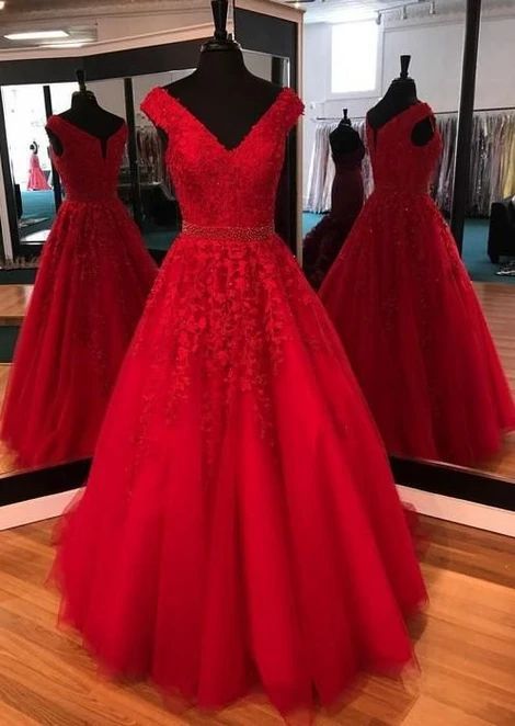 Long Red V-Neck Lace Beaded Prom Dresses Formal Evening Dresses    cg15826