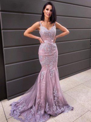 Trumpet/Mermaid Applique Satin Spaghetti Straps Sleeveless Court Train long prom dress evening dress    cg15836