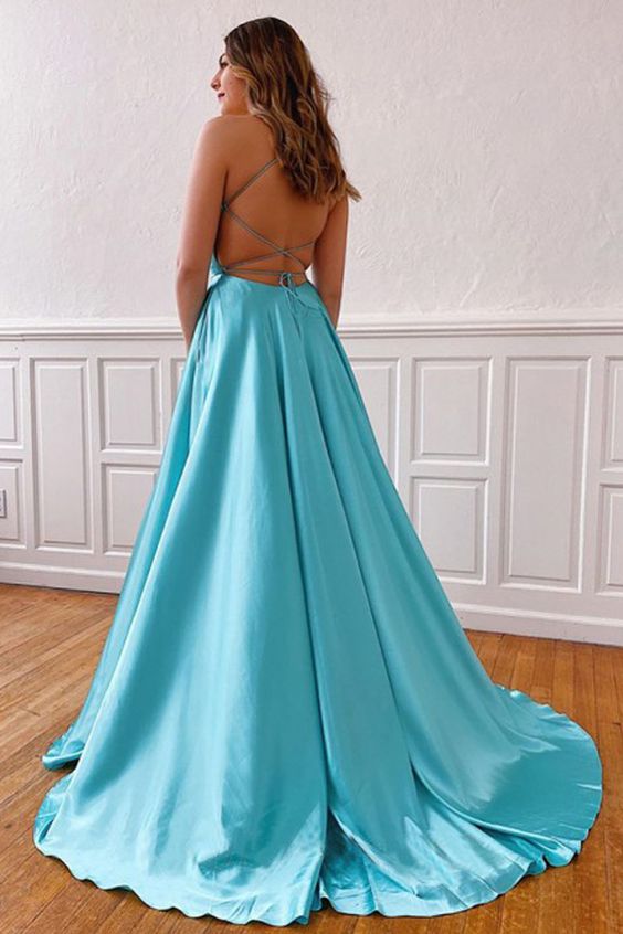 V-Neck Sleeveless Split Tiffany Blue Cross Back Prom/Evening Dress    cg15866