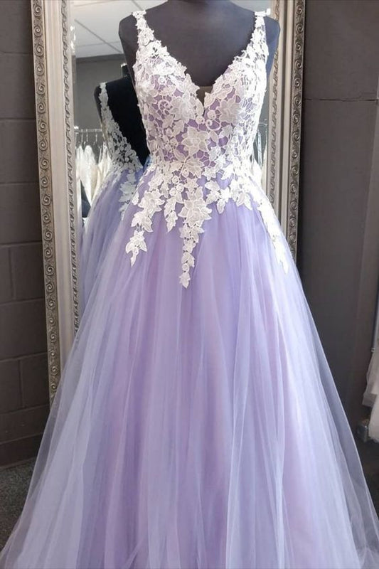 A-line Lavender and White Lace Long Prom Dress   cg15869