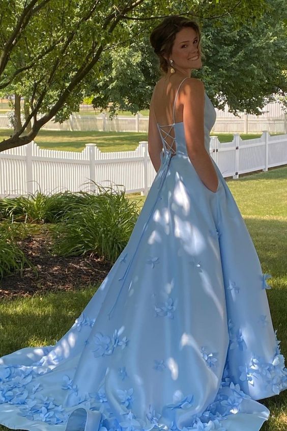 Elegant V-Neck Light Blue Satin Prom Dress with Flowers   cg15872