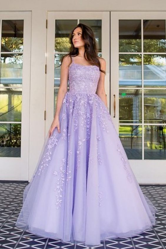 Lavender Lace Tulle Appliques Long Prom Gown   cg15875
