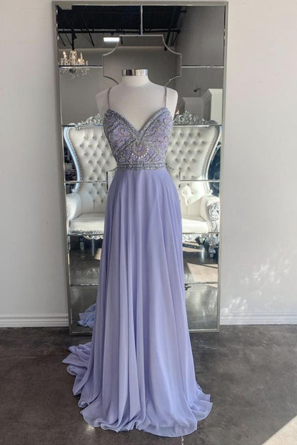 Purple chiffon beads long prom dress evening dress    cg15877