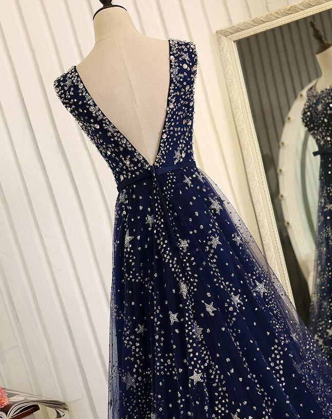 Shiny Navy Blue Tulle Long Formal Dress, Blue Prom Dress Evening Gown   cg15881