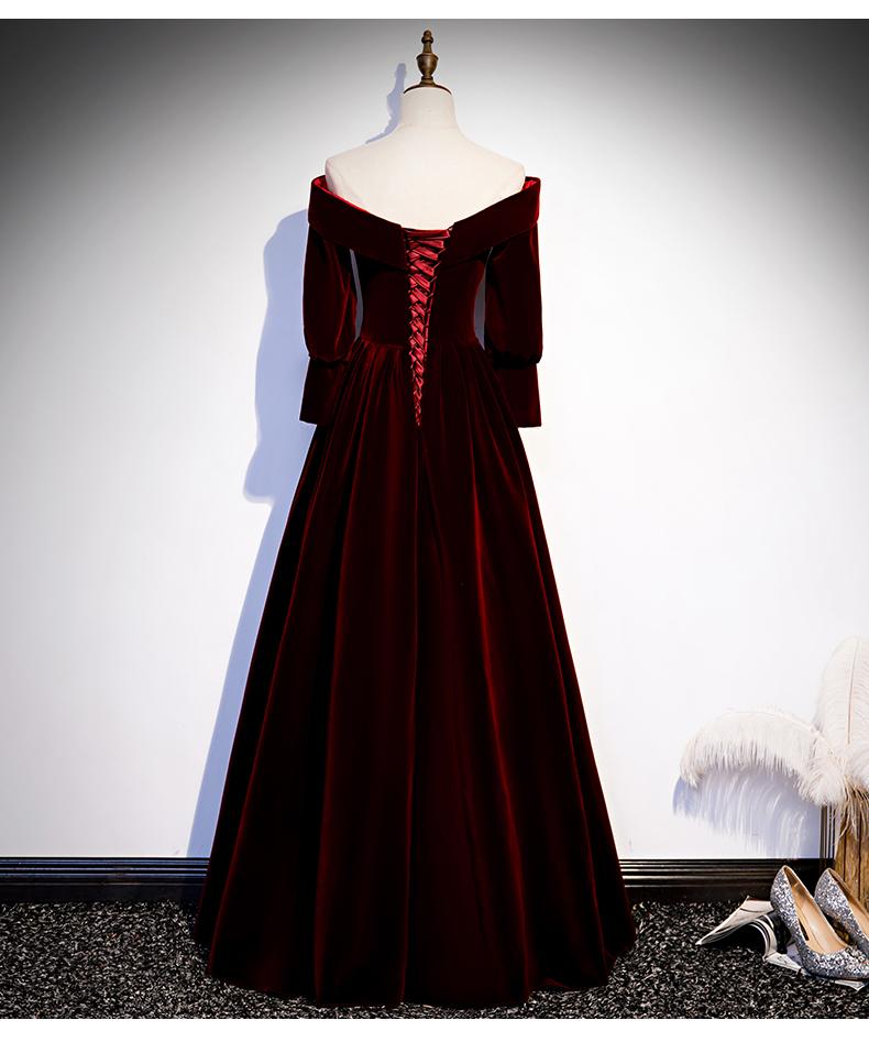 Chic Off Shoulder Long Sleeves Velvet Party Dress, Wine Red Prom Dress Evening Dress   cg15883